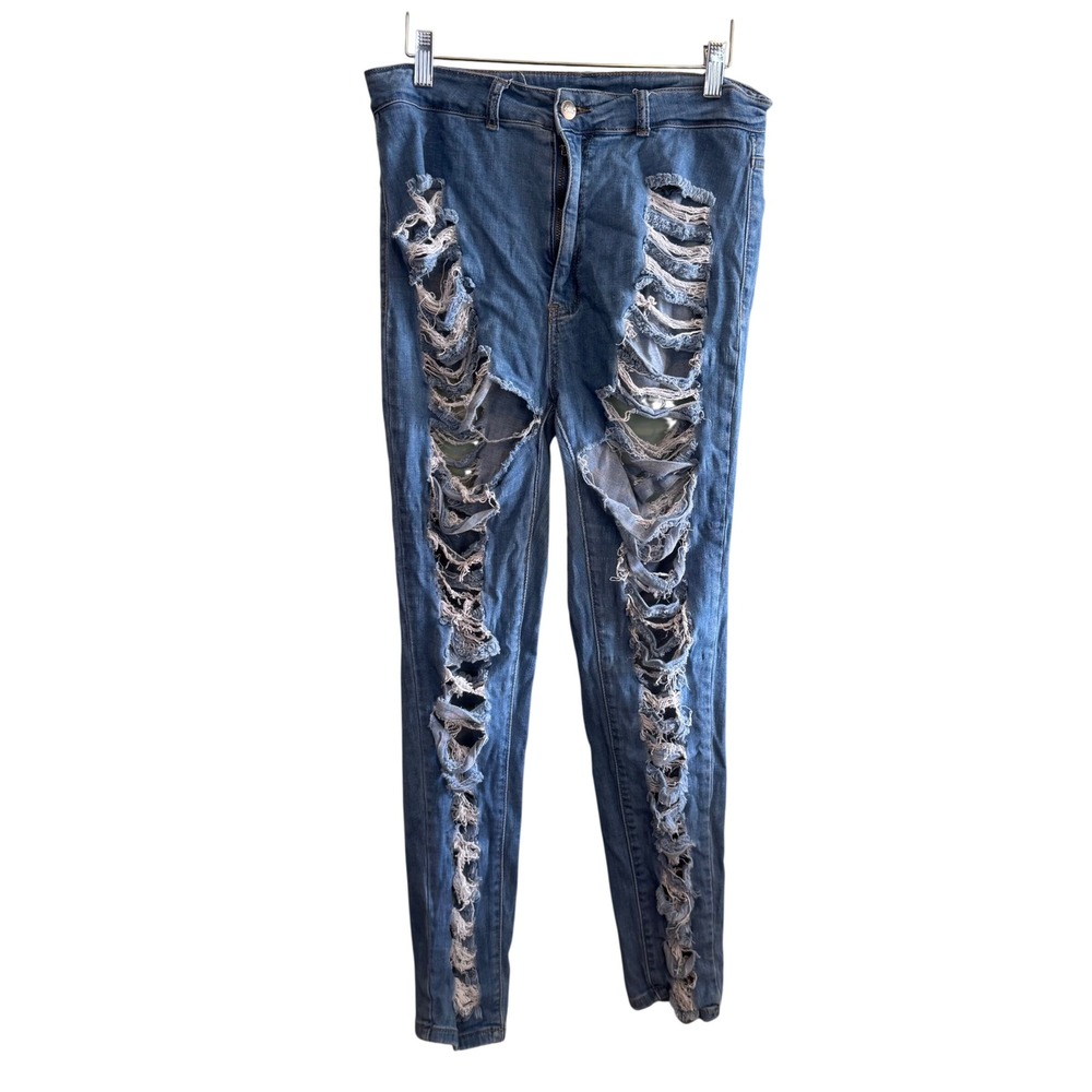 United We Stand Disstressed Shredded Denim Y2K Cyber Skinny Jeans Blue 15 USA